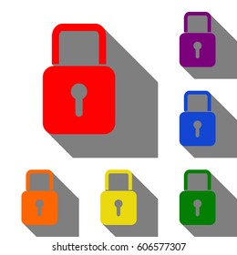 Lock sign illustration. Set of red, orange, yellow, green, blue and violet icons at white background with flat shadow.
