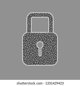 Lock sign illustration. Vector. Black maze filled icon with white border at gray background.