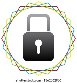 Lock sign illustration. Vector. Black icon with patch of light inside colorful hexagonal frames at white background.
