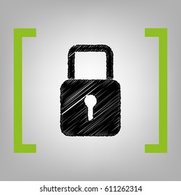 Lock sign illustration. Vector. Black scribble icon in citron brackets on grayish background.
