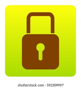 Lock sign illustration. Vector. Brown icon at green-yellow gradient square with rounded corners on white background. Isolated.