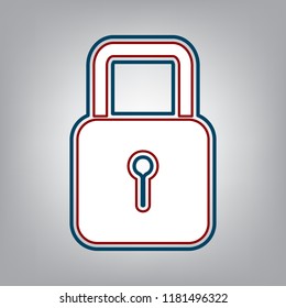 Lock sign illustration. Vector. Dark red, transparent and midnight green stroke of white icon at grayish background.