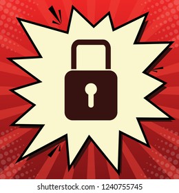 Lock sign illustration. Vector. Dark red icon in lemon chiffon shutter bubble at red popart background with rays.