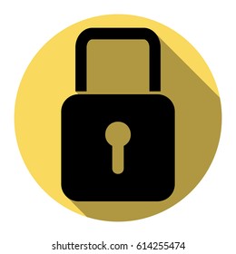Lock sign illustration. Vector. Flat black icon with flat shadow on royal yellow circle with white background. Isolated.