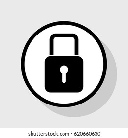 Lock sign illustration. Vector. Flat black icon in white circle with shadow at gray background.