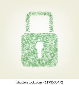 Lock sign illustration. Vector. Green hexagon rastered icon and noised opacity and size at light green background with central light.