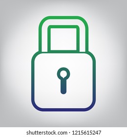 Lock sign illustration. Vector. Green to blue gradient contour icon at grayish background with light in center.