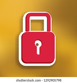 Lock sign illustration. Vector. Magenta icon with darker shadow, white sticker and black popart shadow on golden background.
