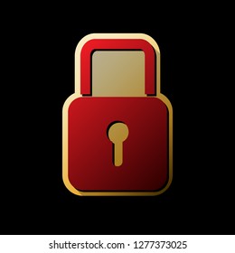 Lock sign illustration. Vector. Red icon with small black and limitless shadows at golden sticker on black background.
