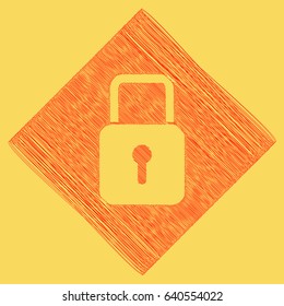 Lock sign illustration. Vector. Red scribble icon obtained as a result of subtraction rhomb and path. Royal yellow background.