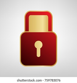 Lock sign illustration. Vector. Red icon on gold sticker at light gray background.