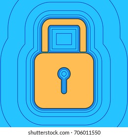 Lock sign illustration. Vector. Sand color icon with black contour and equidistant blue contours like field at sky blue background. Like waves on map - island in ocean or sea.