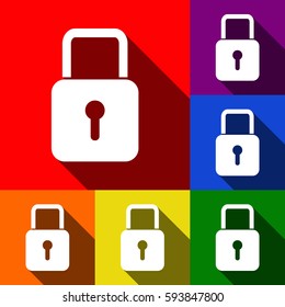 Lock sign illustration. Vector. Set of icons with flat shadows at red, orange, yellow, green, blue and violet background.