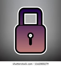 Lock sign illustration. Vector. Violet gradient icon with black and white linear edges at gray background.