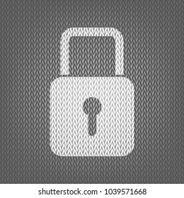 Lock sign illustration. Vector. White knitted icon on gray knitted background. Isolated.