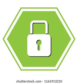 Lock sign illustration. Vector. White icon with black shadow at yellow green honeycomb on white background.