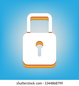 Lock sign illustration. Vector. White icon with 3d warm-colored gradient body at sky blue background.