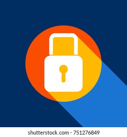 Lock sign illustration. Vector. White icon on tangelo circle with infinite shadow of light at cool black background. Selective yellow and bright navy blue are produced.