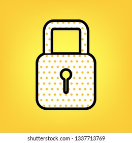 Lock sign illustration. Vector. Yellow polka dot white icon with black contour at warm yellow background.