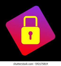 Lock sign illustration. Vector. Yellow icon at violet-red gradient square with rounded corners rotated for dynamics on black background.