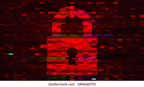 Lock sign on red digital screen with pixels and glitch effect