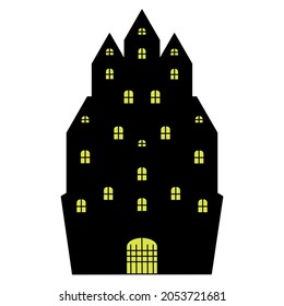 Lock. Silhouette. An old mansion. A bright light is burning in the windows of the gloomy house. Vector illustration. Isolated white background. Halloween. Mysterious house. Country estate. 