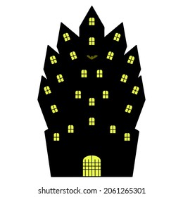 Lock. Silhouette. Residence of Count Dracula. The emblem is a bat. A bright light is burning in the windows of the gloomy house. An ancient building with towers. Vector illustration. Mysterious house.