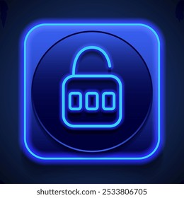 Lock simple icon vector. Flat design. Blue neon style on button. With shadow.ai