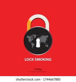 Lock smoking. world no tobacco day concept. vector illustration isolated on a red background.