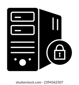 Сomputer and lock solid icon, Black bookkeeping concept, Closed server sign on white background, Server security with closed padlock icon in glyph style. Vector graphics