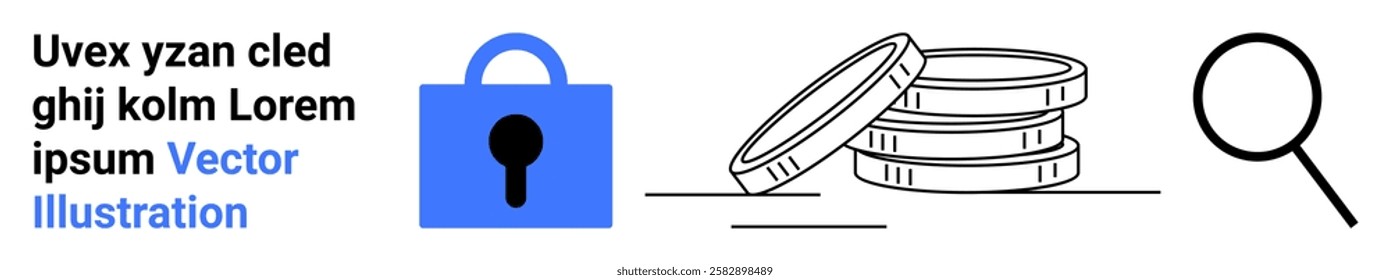 A lock, stack of coins, and magnifying glass convey security and financial analysis. Ideal for themes like security, finance, investment, analysis, and privacy. Banner for landing page