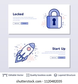 Lock and start up rocket symbols. Modern styled banners for business topic. Easy to edit vector icons and place for your text.