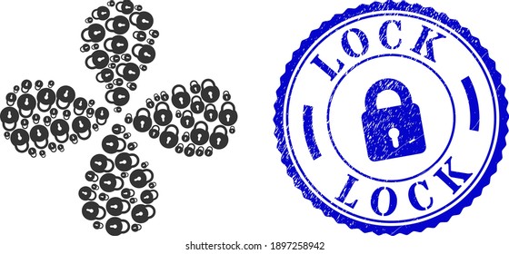 Lock swirl flower shape, and blue round LOCK corroded rubber print with icon inside. Element flower combined from oriented lock items. Vector flower collage in flat style.