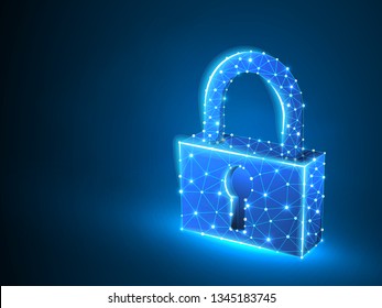 Lock symbol abstract neon 3d illustration. Polygonal Vector business concept of security, password, privacy. Low poly wireframe, geometry triangle, lines, dots, polygons on blue background