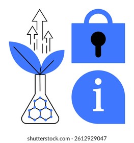 Lock symbol, beaker with plant, information symbol. Ideal for technology, sustainability, data security, scientific research, educational materials. Modern vector style