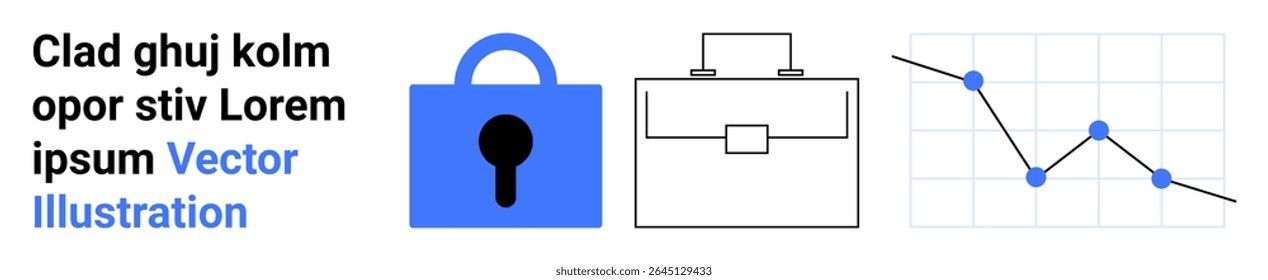 Lock symbol, briefcase, and descending line chart with blue points. Ideal for cybersecurity, business, finance, data analytics, marketing, digital strategy, IT security. Banner for landing page