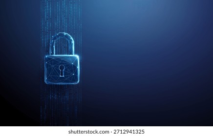 Símbolo de bloqueo sobre un flujo de Vertical de puntos de datos azules. Ciberseguridad, protección de datos, acceso seguro, preservación de la privacidad, concepto de seguridad de la red. Estilo futurista de polietileno bajo, estructura de alambre. Vector.