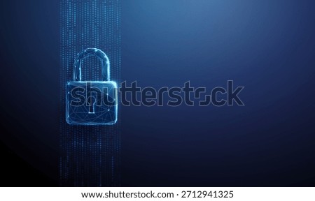 Lock symbol over a vertical stream of blue data dots. Cybersecurity, data protection, secure access, privacy preservation, network safety concept. Low poly futuristic style, wireframe. Vector.