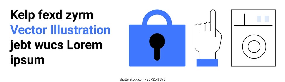 Lock symbol, pointing hand, and a washing machine icon in a minimalist design. Ideal for technology, security, online safety, data protection, and internet privacy concepts. Banner for landing page