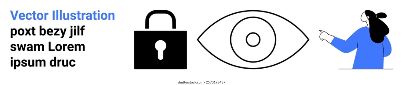 Lock symbol represents security, the eye signifies surveillance, and a person pointing highlights user attention. Ideal for cybersecurity, privacy, surveillance, technology, and online safety. Banner