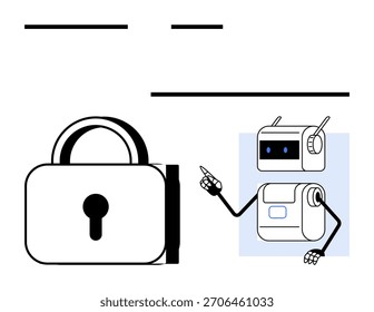 Símbolo de bloqueo, robot apuntando. Ideal para tecnología, ciberseguridad, seguridad en Internet, privacidad, innovación y educación en IA