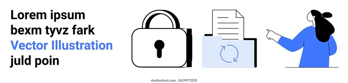 Lock symbolizing security, document with refresh icon indicating data encryption, woman pointing. Ideal for cybersecurity, digital privacy, data protection, information safety, secure file sharing