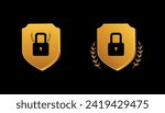 Lock symbols. Two different Pad locks icon, symbol design with a golden shield behind them on plain black background. Safety locks design icon, logo, stamp, card design. 