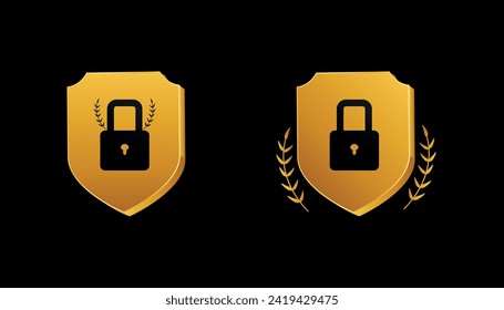 Lock symbols. Two different Pad locks icon, symbol design with a golden shield behind them on plain black background. Safety locks design icon, logo, stamp, card design. 