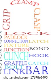 Lock text shape illustrator with multicoloured words presentation on white background