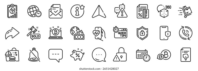 Lock, Thumb down and Food delivery line icons pack. Share, Message, Paper plane icons. Shield, Cardio training, Auction hammer web icon. Info, Warning, Quick tips pictogram. Vector