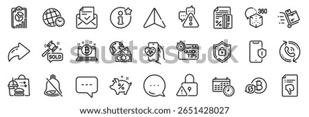 Lock, Thumb down and Food delivery line icons pack. Share, Message, Paper plane icons. Shield, Cardio training, Auction hammer web icon. Info, Warning, Quick tips pictogram. Vector