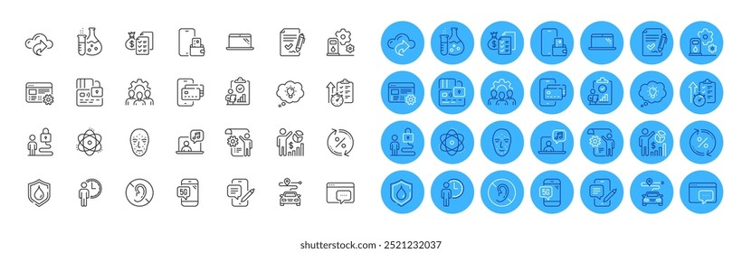 Paquete de iconos de línea de riqueza de bloqueo, temporizador y contabilidad. Inspeccionar, Porcentaje de préstamo, Icono de Web del frasco de química. Pago telefónico, mensaje de Seo, pictograma de espera. Estación de llenado, chat telefónico, estadísticas de Seo. Vector