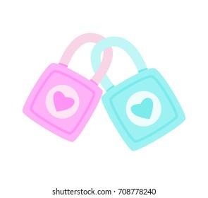 The lock is lock together, Lock of love is lock together, The abstract image of the meaning of love, Love card for Valentine's Day, Picture for wedding, cute vector, colorful illustration