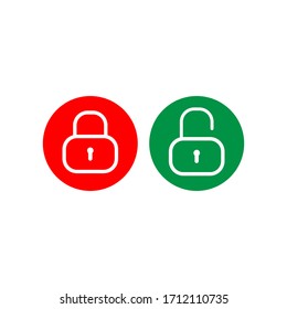 Lock and Unlock button design template. Padlock outline icon vector illustration with round shape. Protection design element.  Security symbol isolated on white background. Red and Green Color